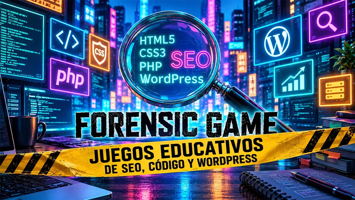 Forensic Game son 5 juegos educativos de SEO, HTML, CSS, PHP y WordPress en una escena digital