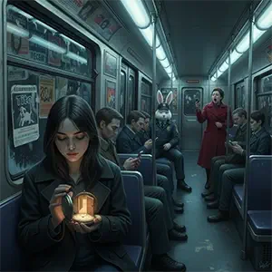 Alicia en el vagón del metro con un reloj que contiene una puerta pequeña, al fondo un conejo blanco vestido de guardia de seguridad y una mujer de rojo gritando. deprisa