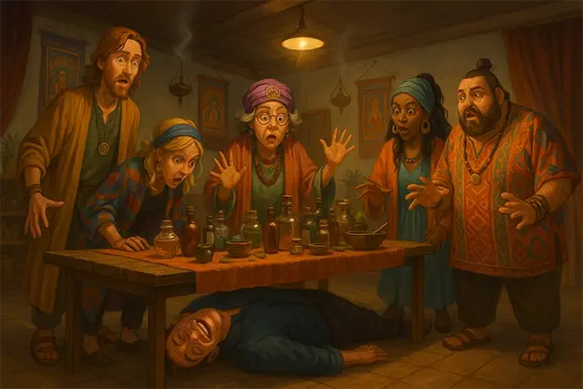 Román bajo una mesa muerto con una gran sonrisa en su rostro