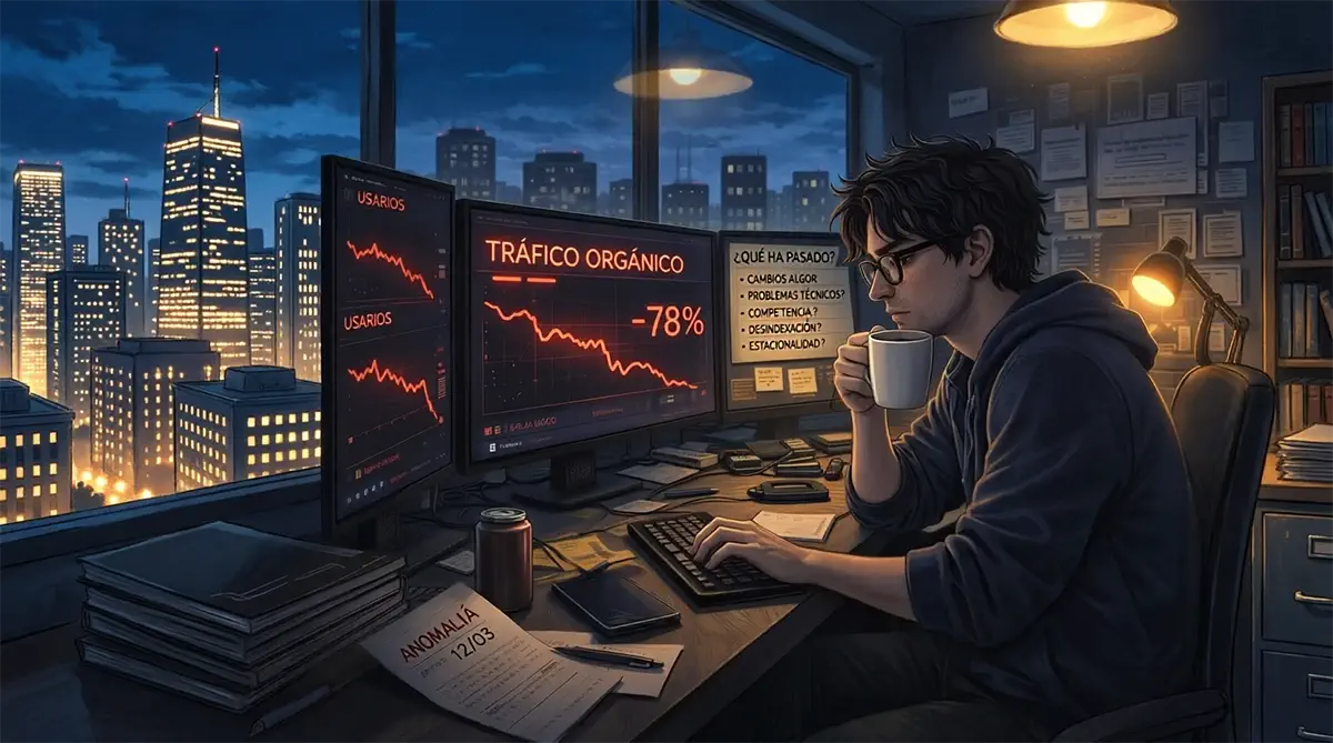 Serpion sentado frente al PC en su despacho observando una gráfica de datos web
