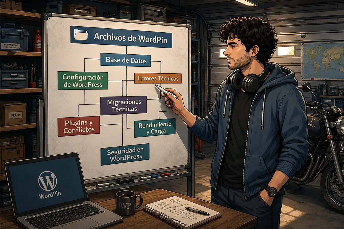 WordPin en su garaje observando la pizarra de archivos de WordPin de la categoría de WordPress