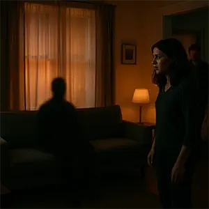 Una figura sentada en el sofá, mientras Carlos, entra en la sala