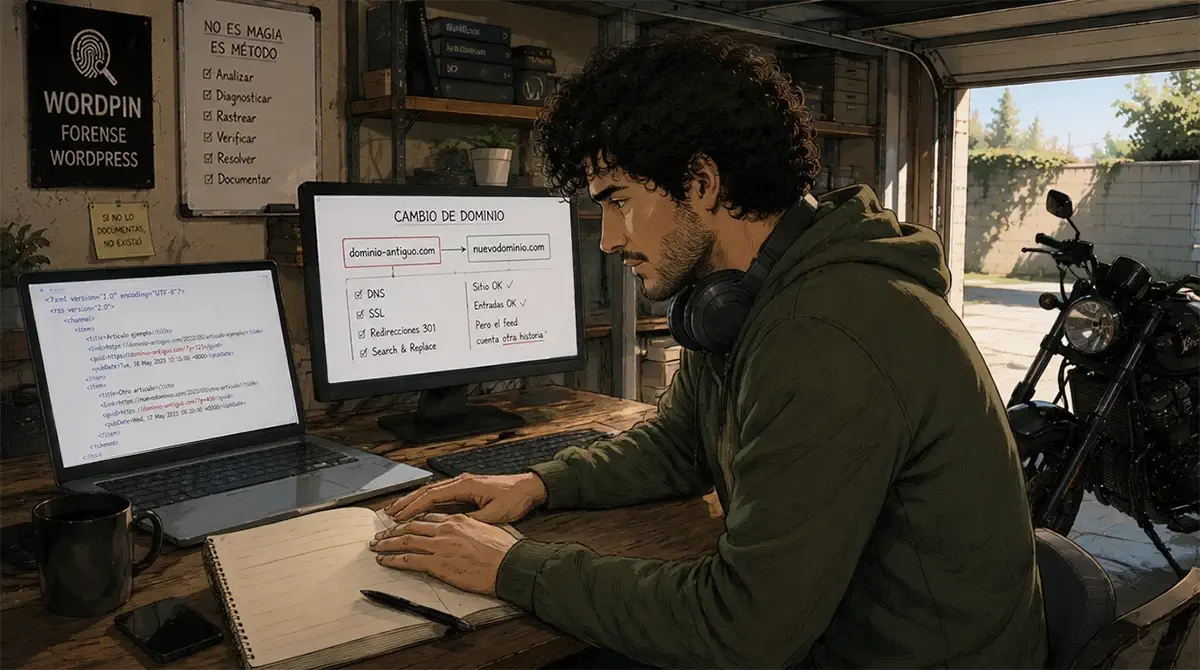 WordPin en su garaje examinando un problema de una web Editorial con RSS activo y sindicación donde un cambio de dominio causa desbarajustes en los GUID