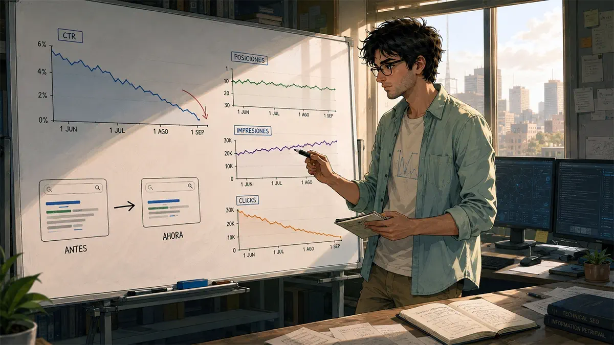 Serpion al pie en una pizarra estudiando el CTR en Google, con gráficos de posiciones, impresiones y clics en una oficina iluminada por la tarde.