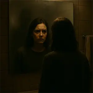 María se ve en el espejo acompañada de una sombra silenciosa