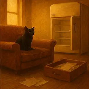 El gato sentado en un sillón con la nevera abierta y un cajón con planos en el suelo