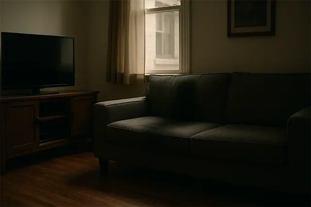 Un salón con un sofá en el que se aprecia una forma extraña