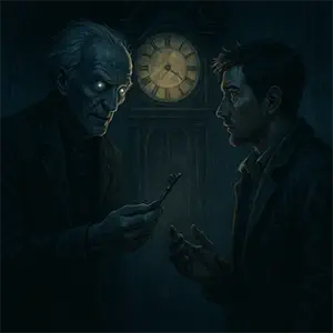 Elijah Ainsworth, espectral y con ojos brillantes, entrega una llave a Thomas frente a un reloj antiguo iluminado por una luz dorada.
