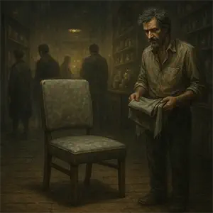 Una silla y clientes al fondo Alfredo con una manta para taparla