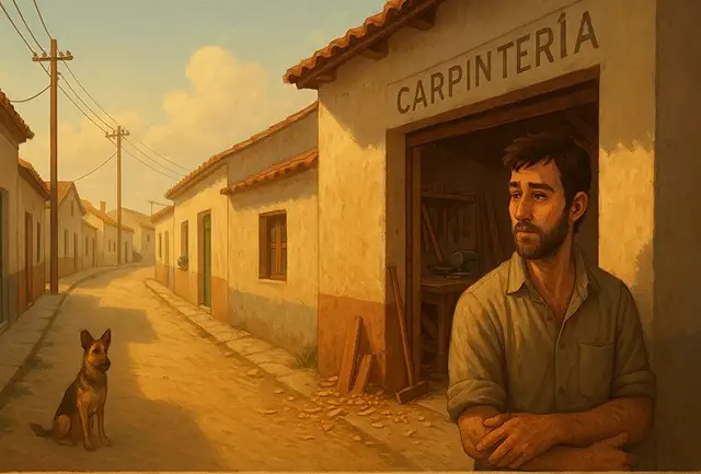 Saliendo de la carpintería junto a su perra