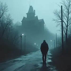 Silencio mortal en el cuarto del reloj. Hombre de espaldas observando una mansión victoriana envuelta en niebla desde un pueblo vacío al anochecer