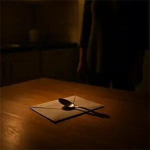 El sobre en una mesa medio iluminada con una cuchara encima