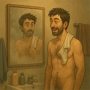 El reflejo en el espejo revela los calzoncillos en el hombro al entrar al baño