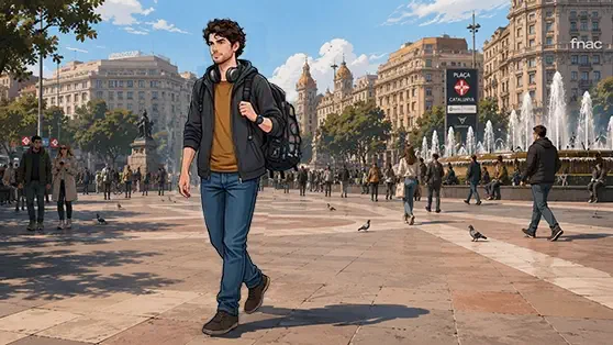 WordPin caminando con una sudadera marrón casos al cuello y bolsa colgada al hombro por la plaza Cataluña de Barcelona