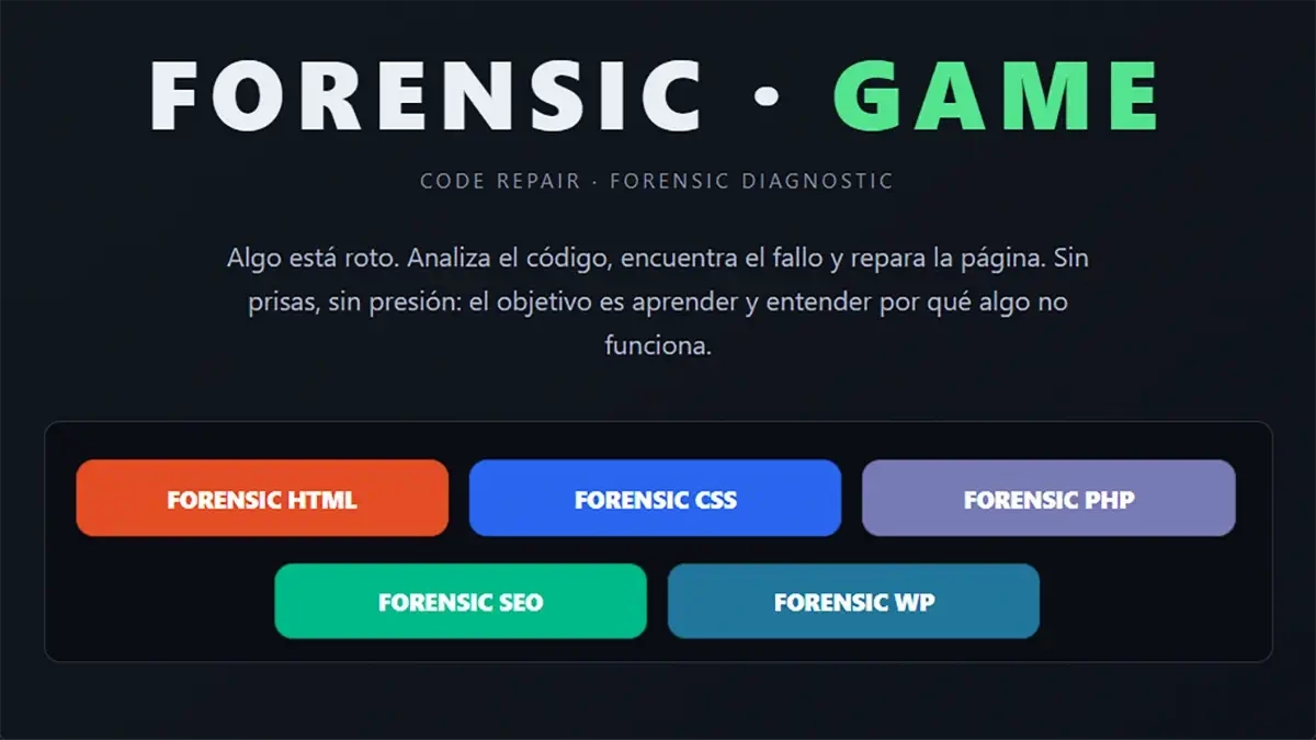 Panel de Forensic Game, 5 juegos para investigar errores de HTML, CSS, PHP, SEO y WordPress