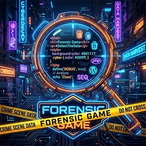 Lupa digital sobre código HTML, CSS y PHP rodeada de elementos de investigación forense y cintas de escena del crimen