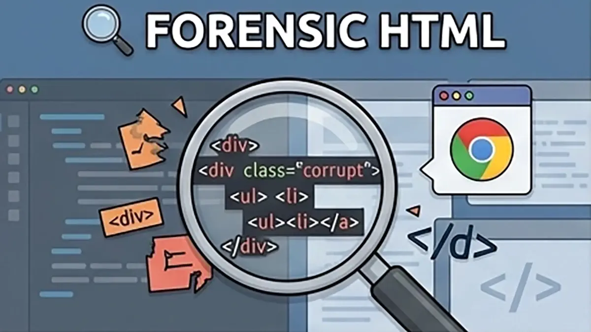 Forensic HTML con una lupa analizando errores de sintaxis y estructura HTML