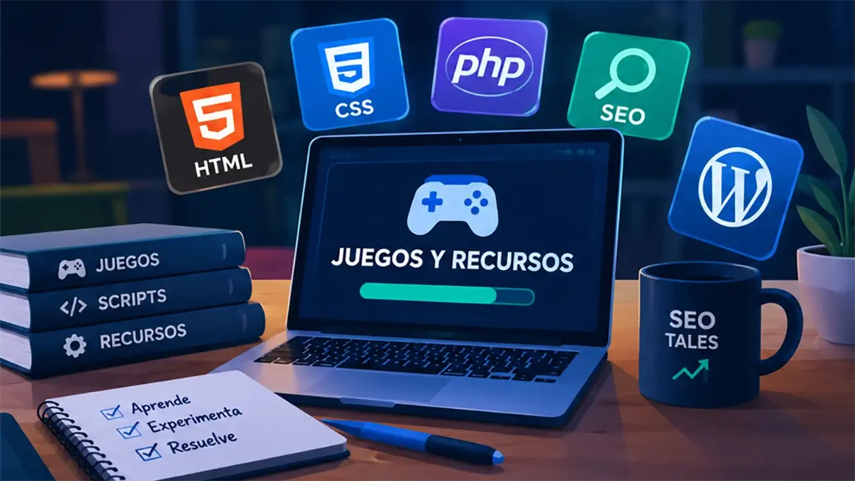 Juegos y recursos de SEO y WordPress con portátil y herramientas de HTML, CSS, PHP y SEO