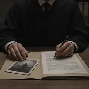 un juez revisa el expedien6te, acompañado de la fotografía