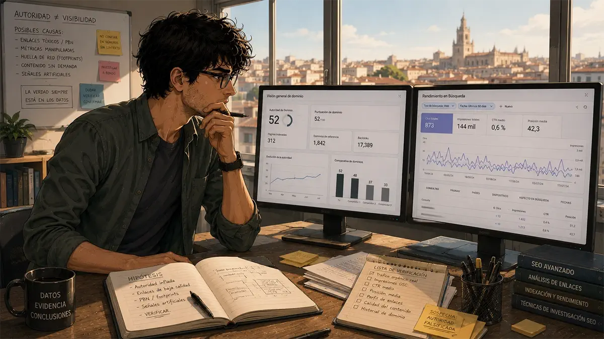 Serpion revisando la autoridad de dominio de un sitio web en una auditoría SEO, comparando métricas de tráfico orgánico y señales de posicionamiento en su oficina.