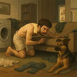 De rodillas buscando los calzoncillos debajo del sofá