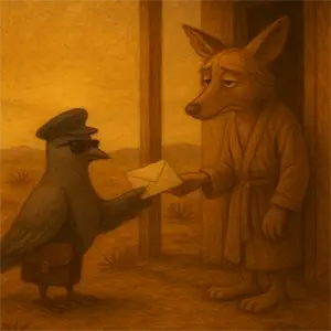 Una paloma con gafas de sol, gorra y un maletín de cuero entrega una carta a Einar