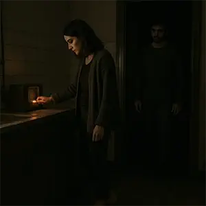 María gira el dial de la radio, mientras Carlos entra en la estancia con bolsas de la compra