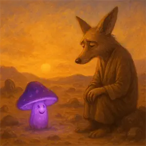 Einar sentado frente a una seta luminosa con un tono violeta en el desierto