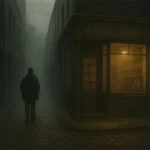 Camellón oscuro con persona paseando y tienda iluminada