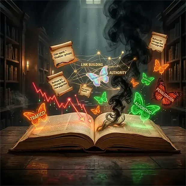 Una mesa con el libro abierto de SEO Tales, donde salen códigos escritos en pergaminos y mariposas de colores con términos SEO y WordPress