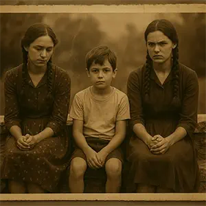 Foto de las hermanas Bruma con trenzas y un niño en el centro
