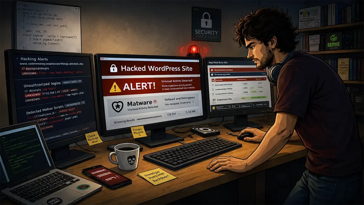 WordPin revisando alertas de seguridad, malware y accesos no autorizados en WordPress desde su entorno de trabajo