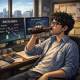 Serpion bebiendo cerveza, sentado en la silla del escritorio mirando el monitor comprobando enlaces externos