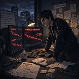Serpion de pie frente al ordenador, apoya sus dos manos sobre la mesa, en la pantalla del ordenador hay una gráfica con caídas de tráfico web
