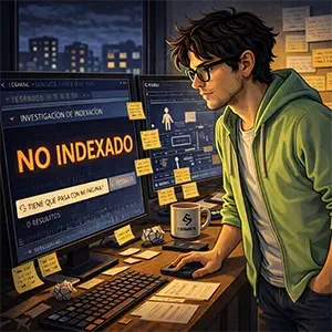 Serpion revisando datos de indexación, desde su ordenador, él esta de pie con una mano apoyada en la mesa