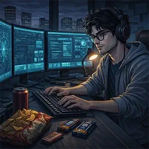 Serpion en su escritorio frente a las pantallas del PC, una bolsa de patatas fritas, refrescos y chocolatinas