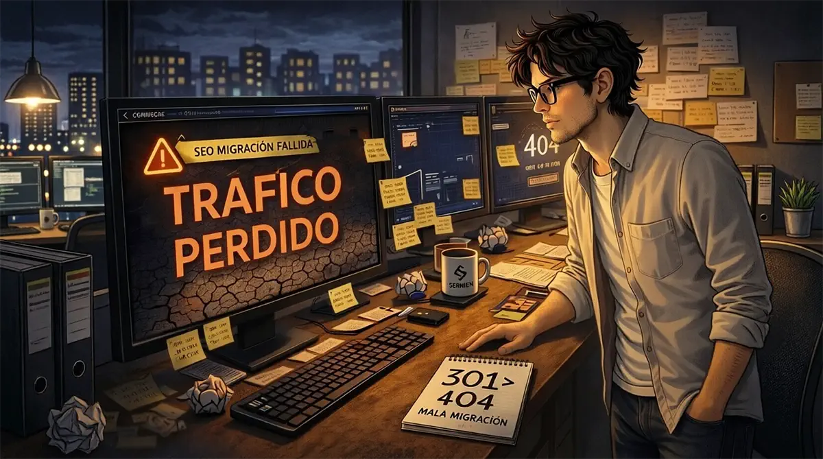 Serpion de pie frente dos monitores revisando tráfico perdido después de una migración