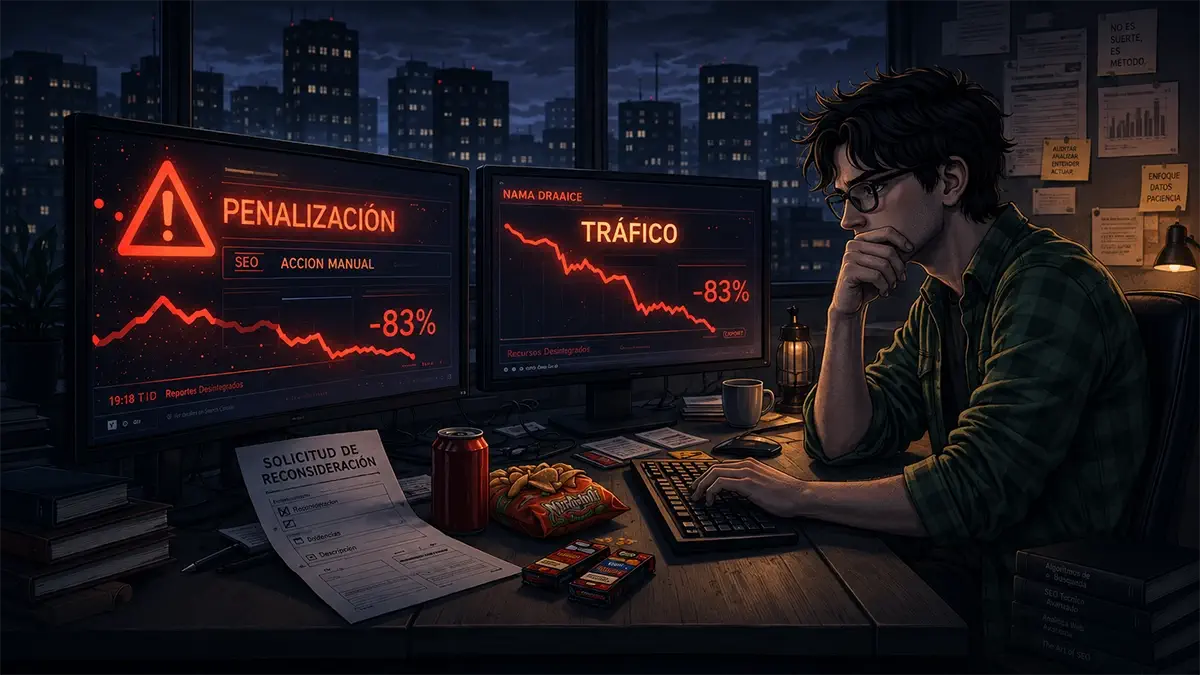 Serpion sentado frente al ordenador, observando una posible perdida de tráfico web, por penalizaciones SEO