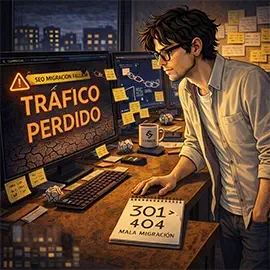 Serpion en el despacho apoya la mano en la mesa mientras observa en las pantallas errores después de varias migraciones WEB