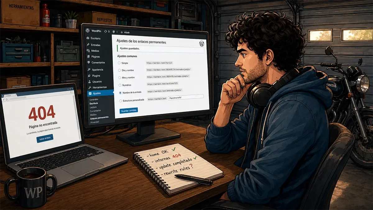 WordPin revisando múltiples errores 404 tras un update de WordPress, analiza el fallo en los permalinks desde su entorno de trabajo