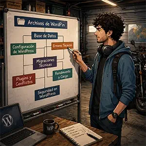 WordPin en su garaje de trabajo con datos de WordPress en una pizarra