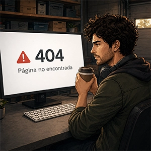 WordPin analizando un error 404 página no encontrada y detectando errores en WordPress mientras se toma un cafe